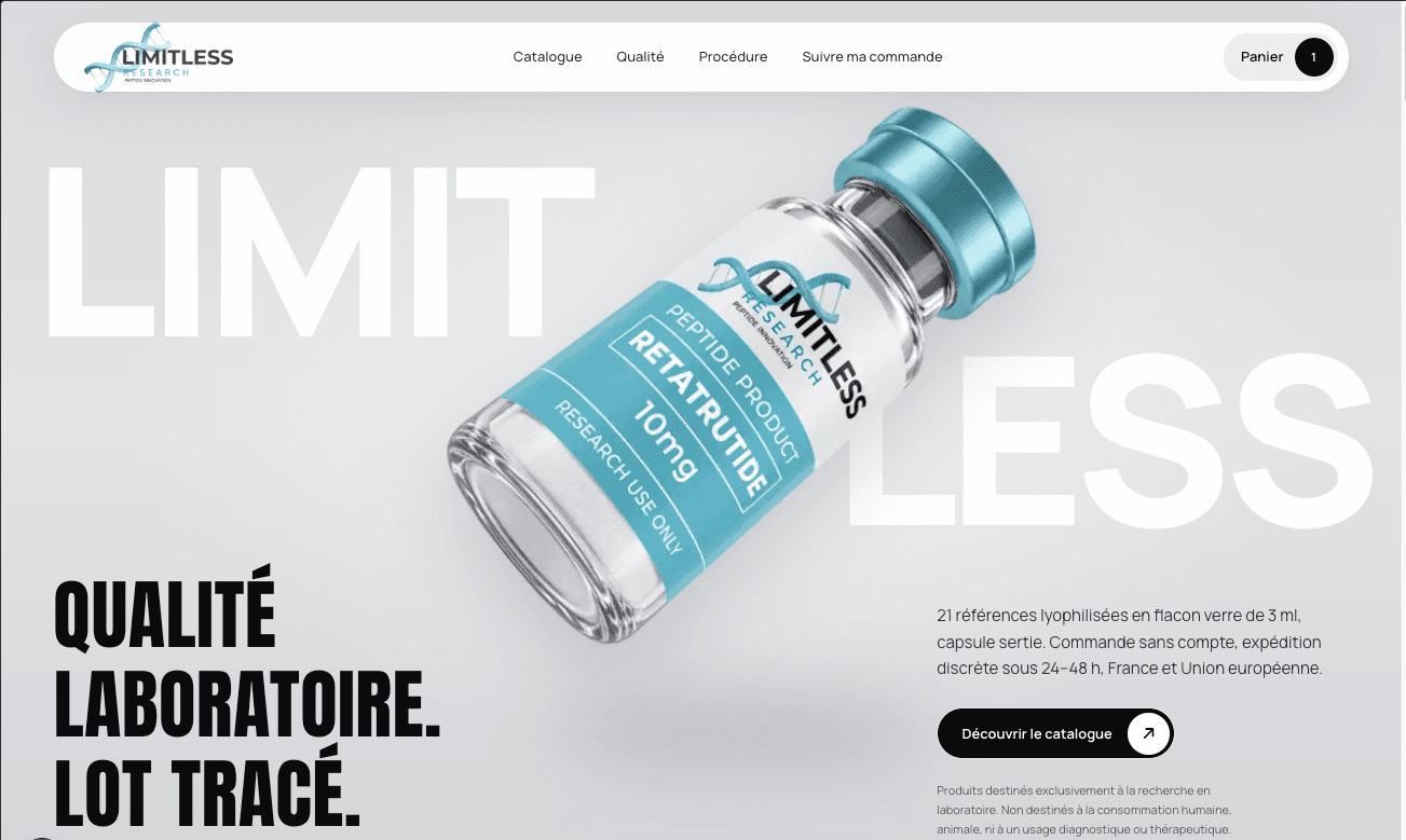 Page d'accueil de la boutique Limitless Research : fiole de peptide Retatrutide 10 mg à capsule bleue sur fond gris clair, titre « Qualité laboratoire. Lot tracé. » et bouton « Découvrir le catalogue ».